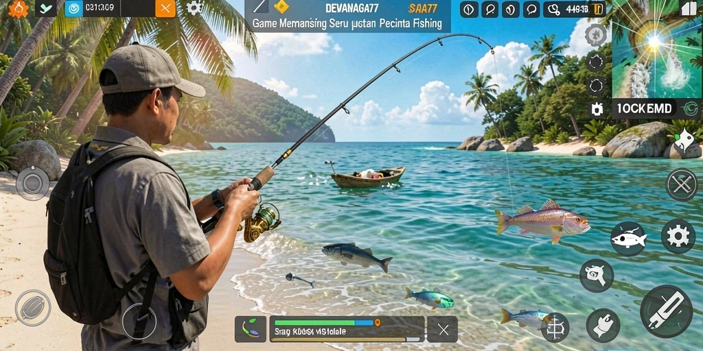 Tampilan gameplay DEWANAGA77 yang seru saat memancing ikan.