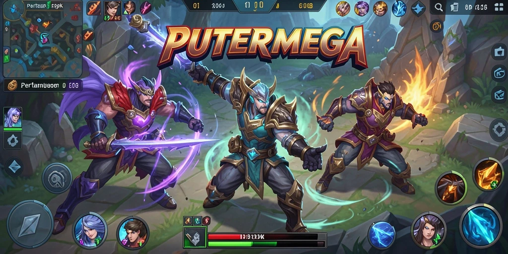 Screenshot gameplay PUTERMEGA menampilkan pertarungan intens antar hero.